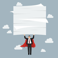 Businessman superhero flying and lifting a lot of documents