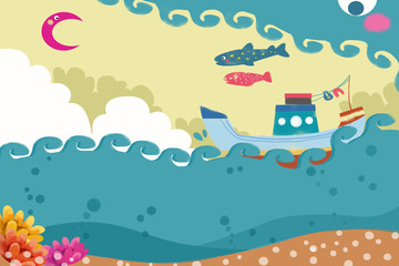 Illustration: Ship, Sea and Fish Flying in Sky. Realistic Fantastic Cartoon Style Artwork / Story / Scene / Wallpaper / Background / Card Design
