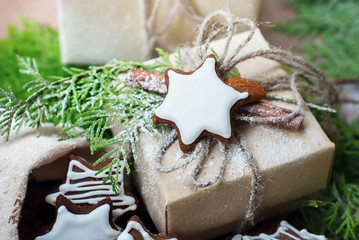 Decoration of a Christmas Gift with Cookies and Almond