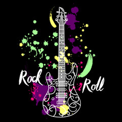 Vintage hand drawn poster with electric guitar, color splashes and lettering rock and roll. Retro vector illustration. Design, retro card, print, t-shirt, postcard