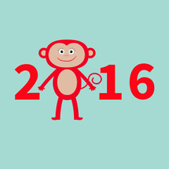Cute monkey. New Year 2016.  Baby illustration. Greeting card. Blue background. Flat design