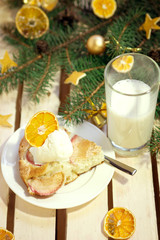Apple pie with ice-cream and milk
