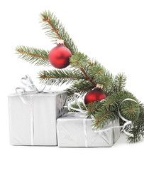 Fototapeta na wymiar Two gray box under the Christmas tree.
