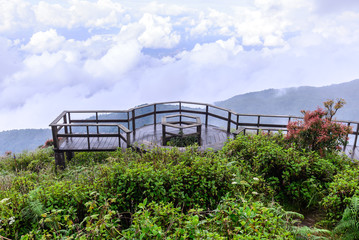 Wooden balcony for scenic of mountain at Doi Inthanon National Park in Chiang Mai, Thailand.