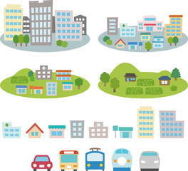 都市や住宅街、農村のイメージのセット © logistock