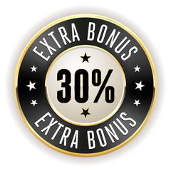 Fototapeta na wymiar Black 30% extra bonus button with gold border