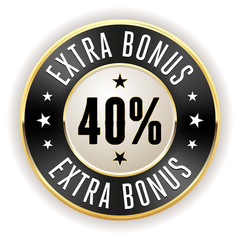 Black 40% extra bonus button with gold border