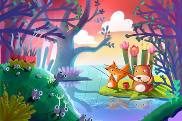 Illustration for Children: Good Friends Little Fox and Little Bear are Fishing Together in the Forest. Realistic Fantastic Cartoon Style Artwork / Story / Scene / Wallpaper / Background / Card Design