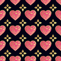 Naklejka na ściany i meble Seamless vector gold pattern with hearts. Vector illustration