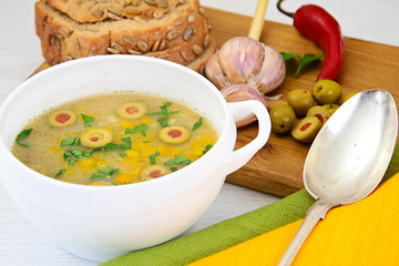 Barley Soup with Olives and Peppers