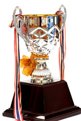 Fototapeta na wymiar glass trophy in white background : concept to the winner