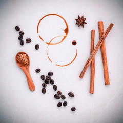 Coffee rings and Coffee beans,star anise ,cinnamon and brown sug