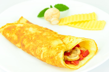 Healthy and Diet Food: Scrambled Eggs with Mushrooms and Vegetab
