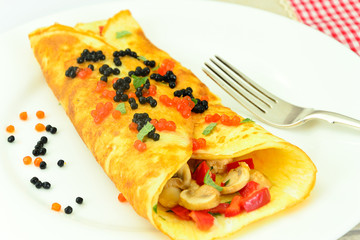 Healthy and Diet Food: Scrambled Eggs with Mushrooms and Vegetab