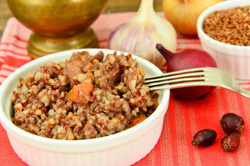 Healthy Food: Pilaf with Meat and Red Rice.