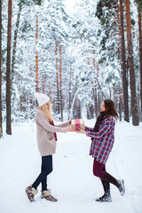 girl gives her friend a Christmas gift in the winter snowy forest