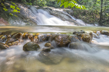 Water stream with waterfall background at tropical forest.