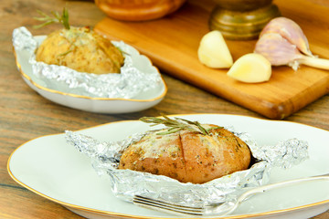Healthy and Diet Food: Potatoes Roasted with Garlic and Ice Crea