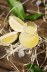 Iralian traditional liqueur with lemons on the vintage table