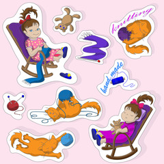 A set of colored stickers with a girl and a cat