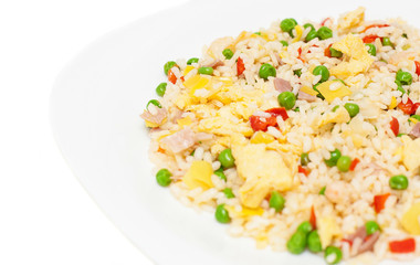 fried rice closeup over white background