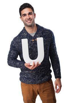 Man Holding A U Letter