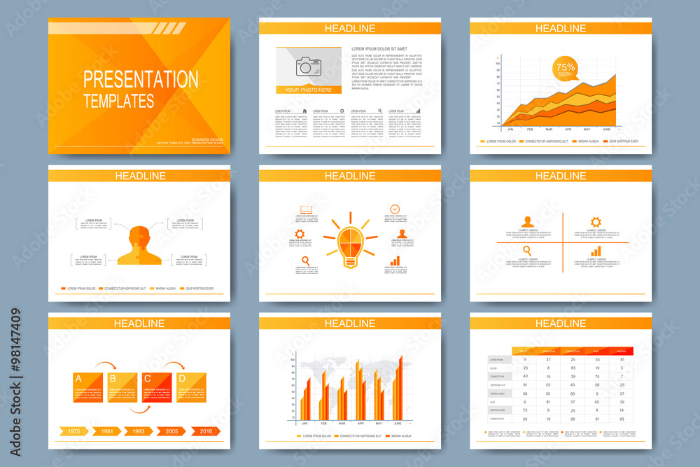 Poster Set of vector template for presentation slides. Modern design with graph and charts