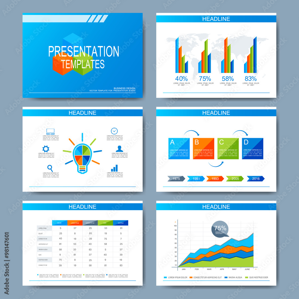 Poster Set of vector template for presentation slides. Modern design with graph and charts