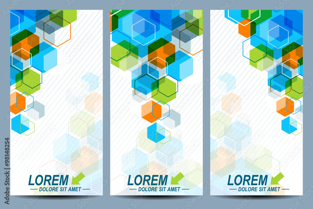Poster Set of the vector flyers.  Background with colorful hexagons. Modern stylish design