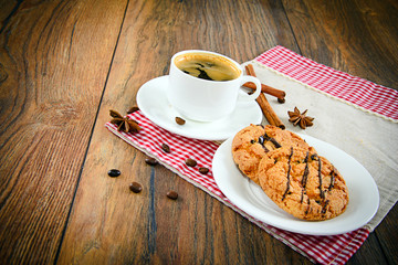 Coffee with Bakery on Woody Retro Background.