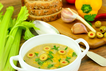 Barley Soup with Olives and Peppers.