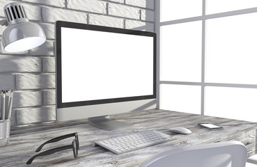 Fototapeta premium 3D illustration PC screen on table in office, Workspace