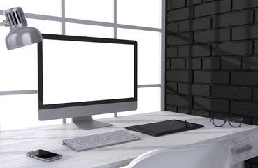 Fototapeta premium 3D illustration PC screen on table in office, Workspace