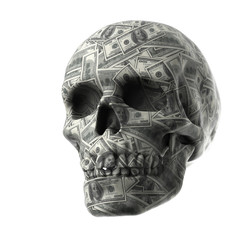 bank note wrap around Human skull on white background with clipp