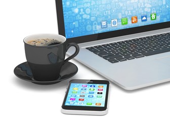 Laptop smartphone and coffee cup