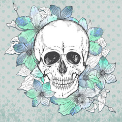 Vector illustration with hand drawn human skull, clematis flower