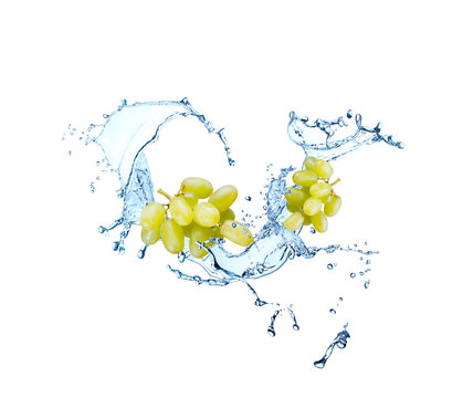 Grape in water splash, isolated on white background