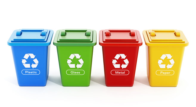 Plastic, glass, metal and paper recycle bins