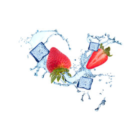Water splash with fruits and ice cube isolated on white backgroud. Fresh strawberry