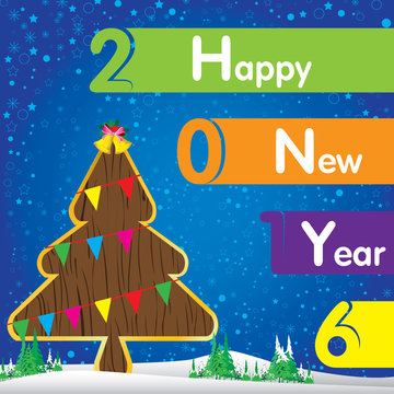 Happy New Year and Christmas tree on blue background. The blue star and snow on sky background.