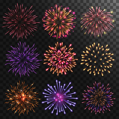 Colorful shiny realistic fireworks set.