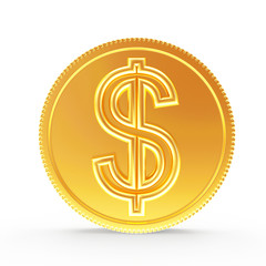 Golden coin with dollar sign isolated on white background