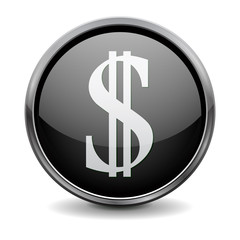 Buttons. Black shiny glass round button with metal frame. Money dollar icon.