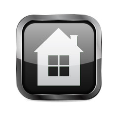 Button. Black shiny glass square button with metal frame. Home icon.