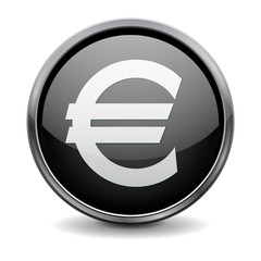 Buttons. Black shiny glass round button with metal frame. Money euro icon. 