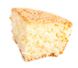 one piece of sponge cake isolated on a white background