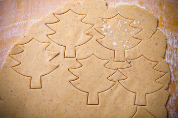 Dough for gingerbread cookie and cookie cutted in different shap