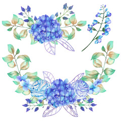 A set of the watercolor bouquets with the blue Hydrangea flowers, bluebell flowers and green leaves and plants, flower combinations, isolated wreath decoration, painted on a white background