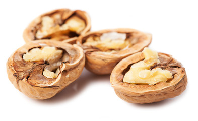 some walnuts opened on a white background