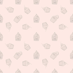 Hand drawn seamless pattern with cupcakes.